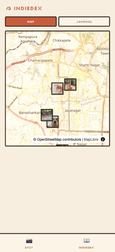 IndieDex: sightings pinned on a map of Bangalore